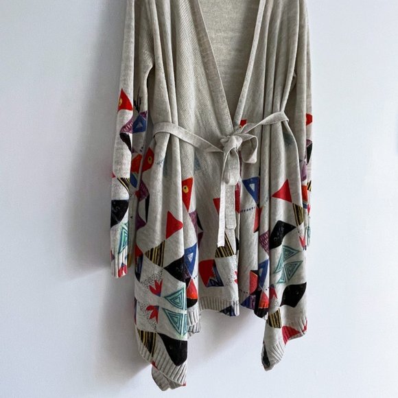 Desigual Asymmetric Open Knit Long Cardigan Colorful Geometric Belt Sweater Sz M - Picture 6 of 12
